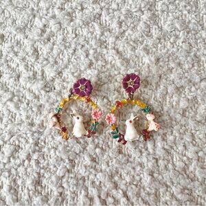 Les Nereides Wild Berries Rabbit and Flower Hoop Bunny Earrings